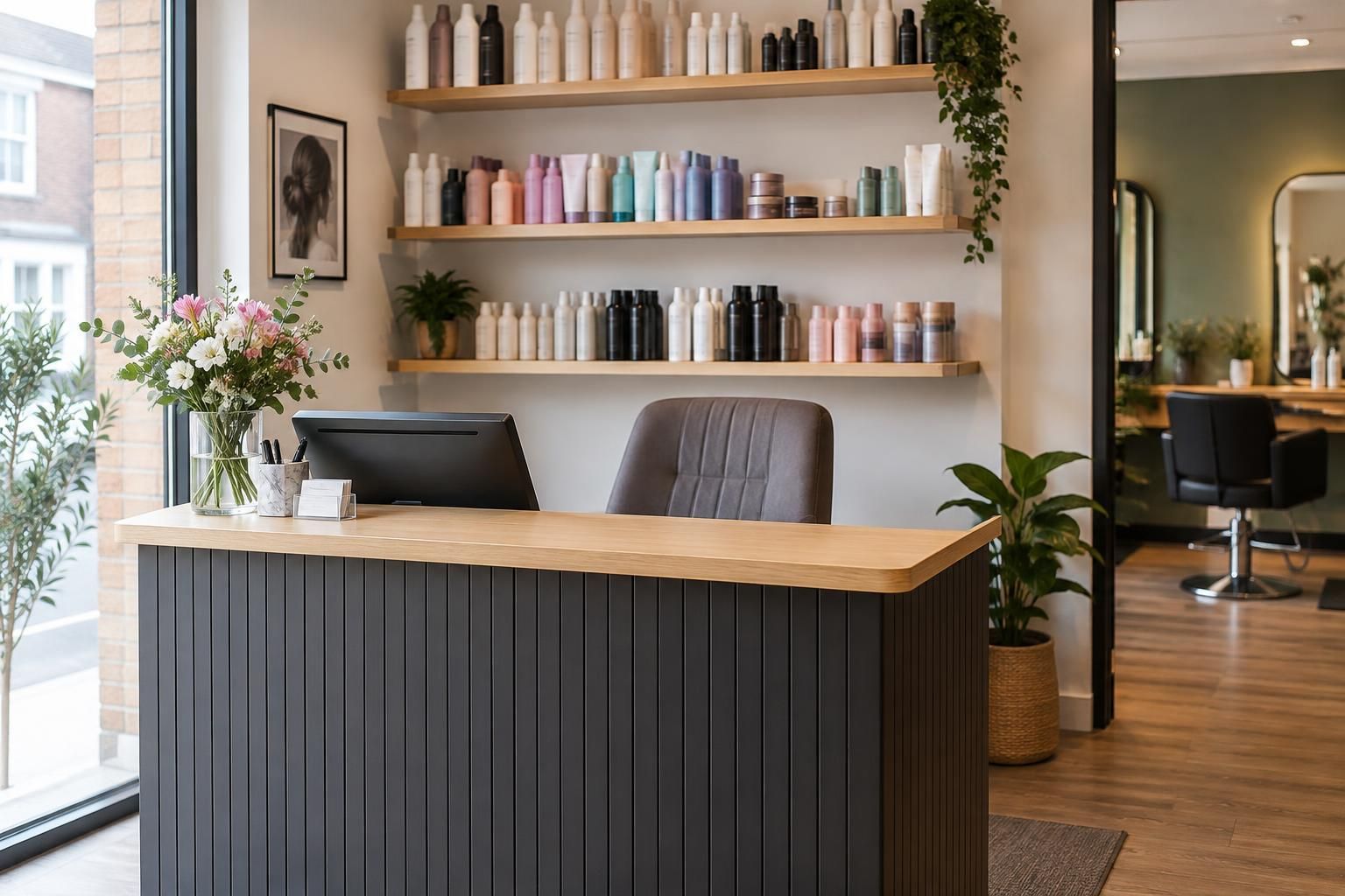 A salon reception desk with a chair and hair products on shelves.