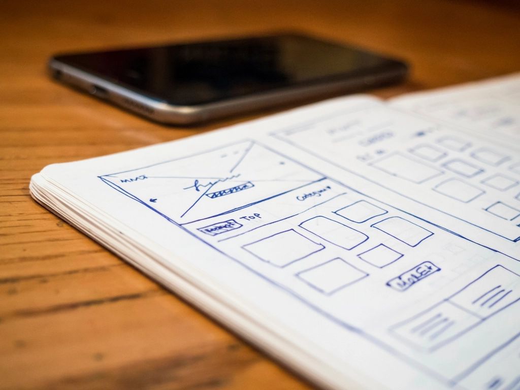 A designer sketching a website layout in a notebook beside a laptop.